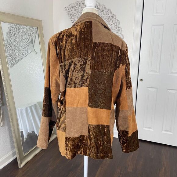 Early 2000's Brown Tan Orange Paisley Patchwork Suede Leather Blazer Jacket L - Picture 2 of 8